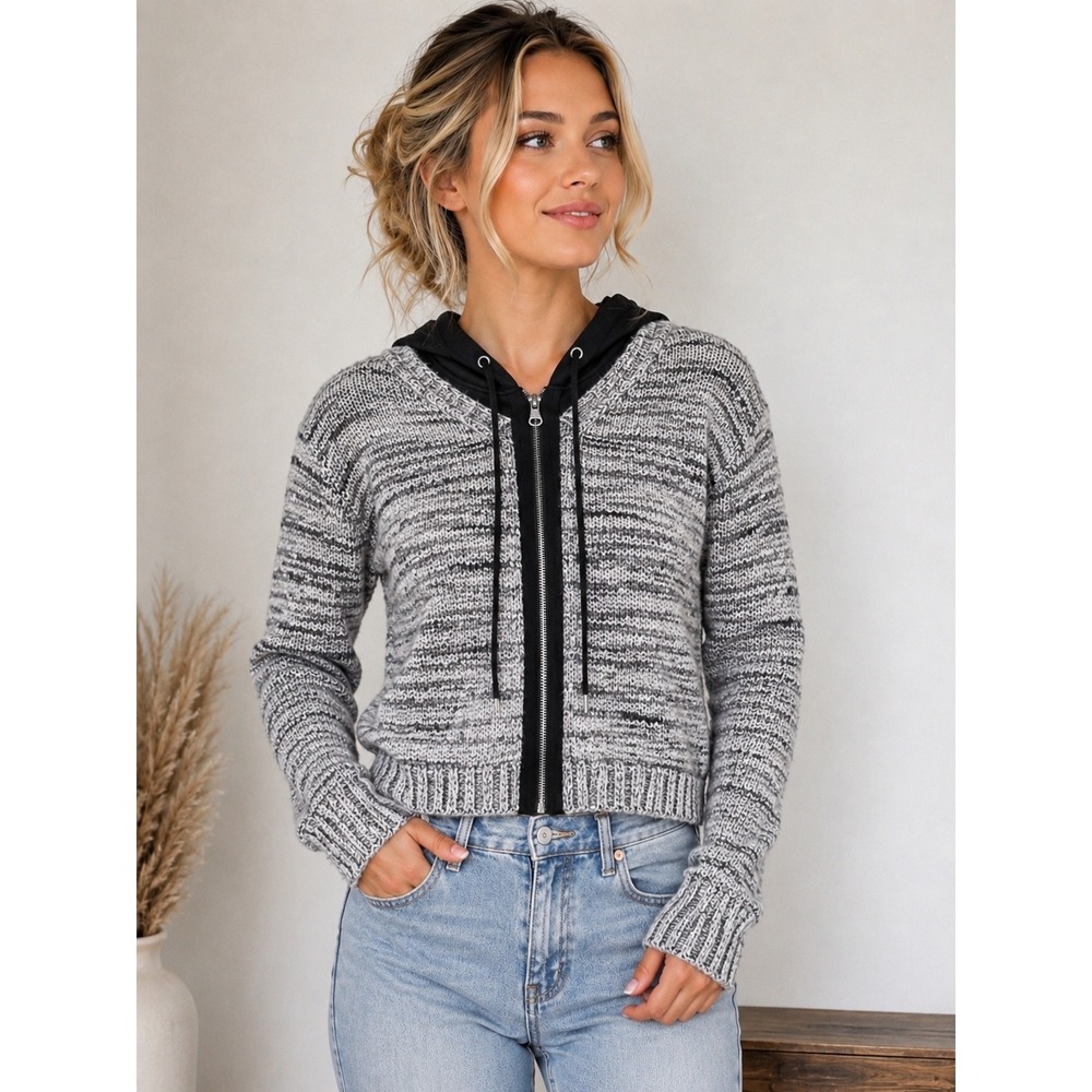 Central Park West Mixed Media Chunky Knit Zip Hoodie Sweater XS NWT Gray Black